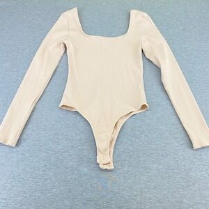 Altar'd State Bodycon Layering Bodysuit Women L Beige Ribbed LS Square Neck